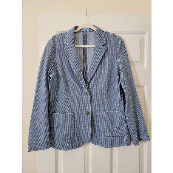 J. McLaughlin Blue Striped Stretch Denim Two Button Blazer Jacket Size Large NWO - Picture 1 of 8